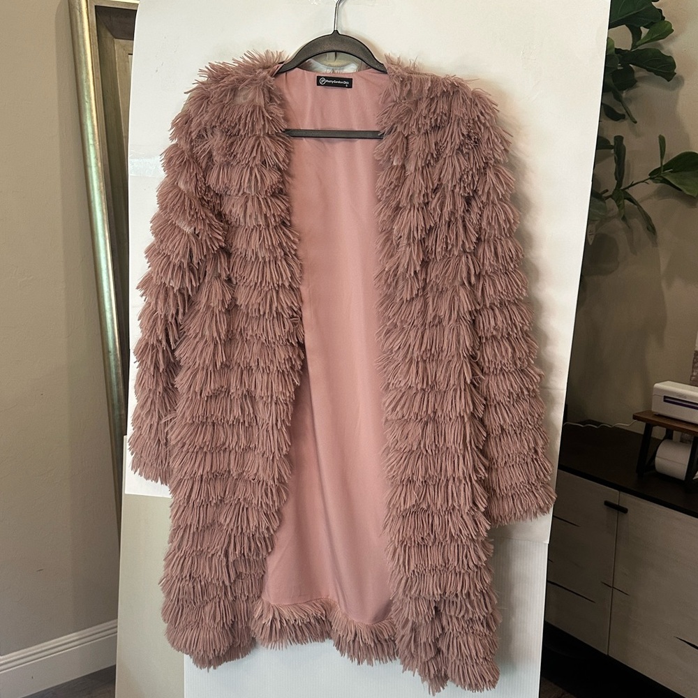 Faux Fur Shaggy Open-Front Cardigan Jacket Dusty Rose Pink Size Small
